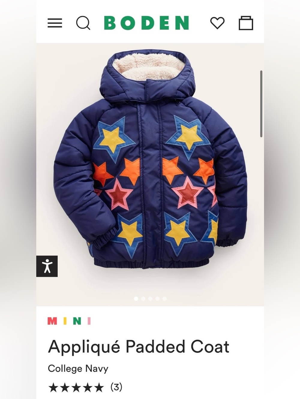 NWT Mini Boden Appliqué Padded Coat Star Sherpa Puffer 4-5Y College Navy Hooded